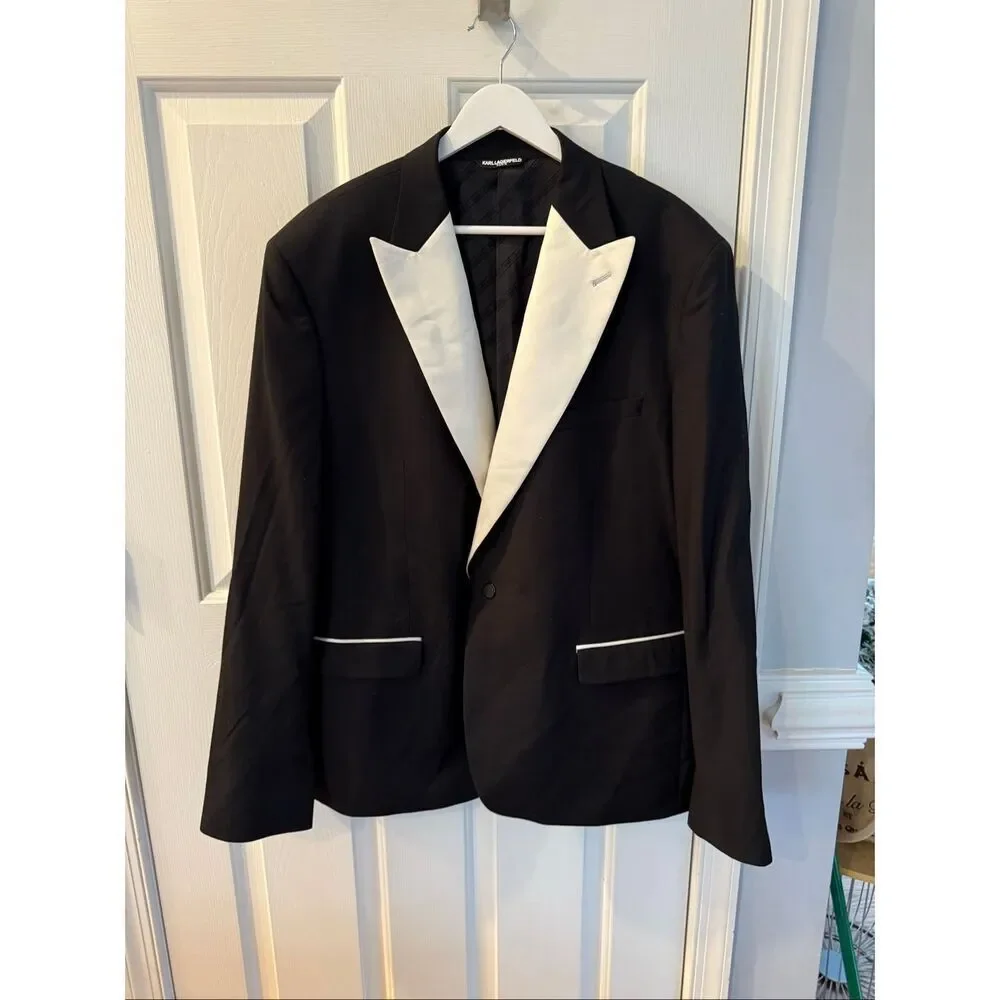 Karl Lagerfeld Black & Cream Satin Tuxedo Jacket sz 48R EUC